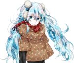  1girl black_hairband blue_eyes blue_hair earmuffs hair_between_eyes hairband hatsune_miku long_hair looking_at_viewer red_scarf scarf simple_background solo standing twintails upper_body urahara very_long_hair vocaloid white_background 