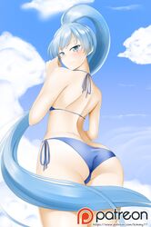  1girl alfred_cullado ass bikini blue_bikini blue_eyes blue_sky blush clouds from_behind from_below high_ponytail highres long_ponytail looking_at_viewer patreon_logo rwby scar scar_across_eye side-tie_bikini sky smile solo swimsuit watermark web_address weiss_schnee 