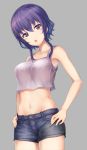  1girl :o armpits bangs bare_arms bare_shoulders blush breasts chestnut_mouth collarbone cowboy_shot crop_top denim denim_shorts eyebrows_visible_through_hair grey_background groin hair_between_eyes hands_on_hips head_tilt hyoudou_michiru looking_at_viewer medium_breasts navel ohnaka0515 open_mouth purple_hair saenai_heroine_no_sodatekata short_hair_with_long_locks short_shorts shorts simple_background solo stomach tank_top violet_eyes 