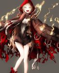  1girl blonde_hair boots breasts cleavage cloak coat dress grey_background hood hood_up hooded_cloak little_red_riding_hood_(sinoalice) long_hair looking_at_viewer naruwe open_clothes open_coat open_mouth red_boots short_dress simple_background sinoalice small_breasts socks solo torn_coat yellow_eyes 