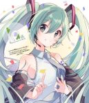  1girl anniversary bangs confetti detached_sleeves green_hair grey_eyes grey_necktie grin hair_between_eyes hatsune_miku long_hair looking_at_viewer necktie parted_lips shirt sleeveless sleeveless_shirt smile solo twintails u35 upper_body vocaloid 