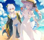  2girls :d :o ball bangs bare_shoulders beach beachball bikini blonde_hair blue_bikini blue_eyes blue_sky bow_bikini bracelet breasts cleavage clouds cloudy_sky collarbone day dragon_horns dress fate/grand_order fate_(series) flower frilled_bikini frills front-tie_bikini front-tie_top gem grey_hair groin hair_ribbon hand_holding hat hat_ribbon holding holding_ball horizon horns inaeda_kei interlocked_fingers jewelry kiyohime_(fate/grand_order) kiyohime_(swimsuit_lancer)_(fate) long_hair marie_antoinette_(fate/grand_order) marie_antoinette_(swimsuit_caster)_(fate) medium_breasts multiple_girls navel ocean off-shoulder_dress off_shoulder one_leg_raised open_mouth outdoors plaid plaid_ribbon ponytail red_eyes ribbon sand sand_sculpture shawl shell sky smile sparkle standing standing_on_one_leg starfish starfish_hair_ornament summer sun_hat sundress sweatdrop swimsuit twintails water white_dress yellow_ribbon 