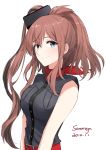  1girl 2016 auburn_hair bare_shoulders black_blouse blouse blue_eyes breasts character_name dated eyebrows eyebrows_visible_through_hair hair_between_eyes jpeg_artifacts kantai_collection long_hair looking_at_viewer medium_breasts morinaga_(harumori) neckerchief pocket ponytail red_belt red_neckerchief remodel_(kantai_collection) saratoga_(kantai_collection) side_ponytail simple_background smile solo upper_body white_background 