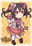  1girl artist_name birthday black_hair black_shoes bracelet character_name chibi english gloves grin happy_birthday hat jewelry long_hair love_live! love_live!_school_idol_project miloku pink_ribbon red_eyes ribbon shoes smile thigh-highs twintails white_legwear yazawa_nico zettai_ryouiki 