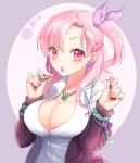  1girl artist_name bracelet breasts cleavage earrings eyebrows_visible_through_hair jewelry large_breasts lipstick long_hair looking_at_viewer makeup nail_polish necklace original parted_lips pink_eyes pink_hair red_nails shirt solo tempi_(yise426) upper_body white_shirt 