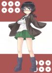  1girl bangs black_boots black_eyes black_hair black_neckerchief blouse boots closed_mouth crossed_arms full_body girls_und_panzer glasses green_skirt haori japanese_clothes kino_(kino_buro) light_smile long_sleeves looking_at_viewer messy_hair miniskirt neckerchief ooarai_school_uniform oryou_(girls_und_panzer) pleated_skirt red-framed_eyewear school_uniform semi-rimless_glasses serafuku short_hair short_ponytail skirt solo standing under-rim_glasses white_blouse 