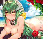  bare_shoulders beach bikini blue_sky blush bow breasts butt_crack cleavage closed_mouth clouds cloudy_sky detached_collar eyebrows_visible_through_hair fate/grand_order fate_(series) flower green_hair hair_between_eyes hair_bow hair_flower hair_ornament horns kaerunoko kiyohime_(fate/grand_order) kiyohime_(swimsuit_lancer)_(fate) light_particles long_hair looking_at_viewer lowleg lowleg_bikini lying medium_breasts on_stomach outdoors shell sky smile swimsuit untied untied_bikini wet wet_hair yellow_bikini yellow_eyes 