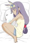  1girl absurdres animal_ears bangs barefoot blunt_bangs closed_eyes dark_skin donguri_suzume facial_mark fate/grand_order fate_(series) from_side hairband highres lying medjed nitocris_(fate/grand_order) on_side pillow purple_hair rabbit_ears sleeping sweat 