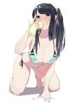  1girl bare_arms bare_legs barefoot bikini black_hair blue_eyes blush breasts cleavage drinking full_body green_bikini hair_ornament highres juz kneeling krt_girls large_breasts long_hair looking_at_viewer one_side_up side-tie_bikini solo swimsuit wet xiao_qiong 