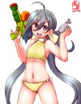  2017 ahoge bikini cowboy_shot dated flat_chest grey_eyes grey_hair hair_between_eyes hair_ribbon highres kanon_(kurogane_knights) kantai_collection kiyoshimo_(kantai_collection) logo looking_at_viewer low_twintails open_mouth ribbon simple_background standing swimsuit tank_top twintails water_balloon water_gun white_background yellow_bikini yellow_ribbon 