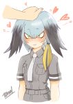  1girl :3 artist_name bangs blush breast_pocket disembodied_limb green_eyes grey_hair grey_shirt hand_on_another&#039;s_head heart kemono_friends long_hair low_ponytail multicolored_hair necktie petting pocket shirt shoebill_(kemono_friends) solo_focus tonel upper_body white_necktie 