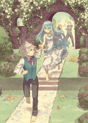  2boys 2girls aisutabetao aqua_(fire_emblem_if) barefoot blue_hair blush dress elbow_gloves felicia_(fire_emblem_if) fire_emblem fire_emblem_if full_body gloves hair_between_eyes hairband jewelry joker_(fire_emblem_if) long_hair maid male_my_unit_(fire_emblem_if) multiple_boys multiple_girls my_unit_(fire_emblem_if) pointy_ears red_eyes short_hair smile very_long_hair white_hair yellow_eyes 