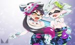  +_+ 2girls aori_(splatoon) artist_name black_dress black_jumpsuit breasts brown_eyes chichi_band cleavage closed_eyes cousins detached_collar domino_mask dress fangs food food_on_head gloves green_legwear grey_hair hand_holding highres hotaru_(splatoon) long_hair looking_at_another looking_back mask medium_breasts mole mole_under_eye multiple_girls object_on_head open_mouth pointy_ears short_hair short_jumpsuit smile splatoon standing strapless strapless_dress sushi tentacle_hair unitard upper_body watermark white_gloves yuri 