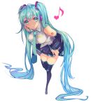  1girl absurdly_long_hair black_legwear black_skirt blue_eyes blue_hair blue_necktie breasts eyebrows_visible_through_hair hatsune_miku heart highres kimpeul large_breasts long_hair looking_at_viewer musical_note necktie skirt solo thigh-highs tie_clip twintails very_long_hair vocaloid 