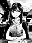  1girl arms_on_table bangs black_hair black_jacket breasts dot_nose fingernails greyscale hand_on_hand highres jacket jacket_on_shoulders jewelry looking_at_viewer medium_breasts medium_hair monochrome necklace nikaidou_kou original shirt sitting sketch smile solo 