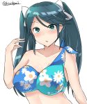  1girl absurdres bare_shoulders bikini_top blue_eyes blue_hair breasts commentary floral_print hair_ribbon highres isuzu_(kantai_collection) kantai_collection kiritto large_breasts long_hair looking_at_viewer open_mouth ribbon solo twintails twitter_username 