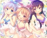  3girls :d :o ;d bangs bare_shoulders blue_bow blue_eyes blue_hairband blue_panties blush bow breasts camisole cleavage collarbone commentary_request cowboy_shot floral_background flower frilled_panties frills gochuumon_wa_usagi_desu_ka? groin hair_between_eyes hair_bow hair_down hair_ornament hairband hairclip hand_on_another&#039;s_hip hands_on_own_cheeks hands_on_own_face hoto_cocoa kafuu_chino leaning_forward light_blue_hair locked_arms long_hair looking_at_viewer medium_breasts midriff mitsumomo_mamu multiple_girls navel one_eye_closed open_mouth orange_eyes orange_hair panties pink_bow pink_hairband pink_panties purple_bow purple_hair purple_hairband purple_panties sidelocks small_breasts smile striped striped_bow tedeza_rize underwear violet_eyes x_hair_ornament 