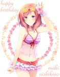  1girl arm_up belt bikini bikini_skirt bracelet breasts brown_hair character_name cleavage collarbone cowboy_shot eyebrows_visible_through_hair flower front-tie_bikini front-tie_top hair_flower hair_ornament happy_birthday hibiscus highres jewelry konase_(non_stop!) layered_skirt long_hair looking_at_viewer love_live! love_live!_school_idol_project medium_breasts navel necklace nishikino_maki pink_flower purple_bikini simple_background solo standing striped striped_bikini sunglasses sunglasses_on_head swimsuit violet_eyes white_background 