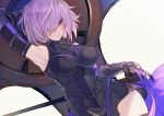  1girl armor armpits bare_shoulders breasts elbow_gloves eyebrows_visible_through_hair fate/grand_order fate_(series) gauntlets gloves hair_over_one_eye holding_shield kibadori_rue large_breasts looking_at_viewer parted_lips purple_hair shield shielder_(fate/grand_order) short_hair solo thigh-highs violet_eyes 