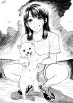  1girl :d animal artist_signature bangs blush breasts collarbone commentary_request dog greyscale head_tilt highres holding holding_animal looking_at_viewer medium_hair monochrome nikaidou_kou open_mouth original puppy shirt shoes shorts small_breasts smile sneakers squatting sweat tongue tongue_out 