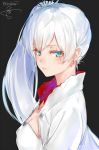  1girl artist_name blue_eyes breasts cleavage closed_mouth earrings eyebrows_visible_through_hair from_side grey_background highres isshiki_(ffmania7) jacket jewelry light_smile lips long_hair looking_at_viewer necklace rwby scar side_ponytail simple_background small_breasts solo upper_body weiss_schnee white_hair 