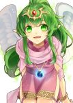  1girl blush cape chiki dress fire_emblem fire_emblem:_mystery_of_the_emblem gloves green_eyes green_hair hair_ornament hair_ribbon kiyuu long_hair looking_at_viewer open_mouth pink_dress pointy_ears ponytail red_dress ribbon short_dress smile solo 