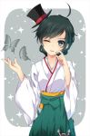  1girl ahoge bangs black_hair blush butterfly eyebrows_visible_through_hair green_eyes hakama hands_up hat hikobae japanese_clothes kantai_collection long_sleeves looking_at_viewer matsukaze_(kantai_collection) meiji_schoolgirl_uniform mini_hat mini_top_hat one_eye_closed parted_lips solo sparkle_background swept_bangs top_hat wide_sleeves 