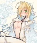  1girl ahoge blonde_hair blush bodysuit breasts bridal_veil chains cleavage fate/extra fate/extra_ccc fate_(series) flower gloves green_eyes highres large_breasts looking_at_viewer mom_29_mom navel open_clothes rose saber_bride saber_extra sitting smile solo veil white_gloves 