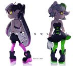  +_+ 2girls ankle_boots aori_(splatoon) arm_behind_back bangs black_boots black_dress black_jumpsuit boots closed_mouth cousins detached_collar domino_mask dress earrings english food food_on_head from_behind full_body gloves glowing glowing_eyes green_legwear grey_hair highres hotaru_(splatoon) jewelry long_hair looking_at_viewer looking_back mask mole mole_under_eye multiple_girls object_on_head pantyhose pointy_ears puchiman purple_legwear reflection short_dress short_hair short_jumpsuit simple_background smile splatoon standing strapless strapless_dress sushi tentacle_hair unitard white_background white_gloves 