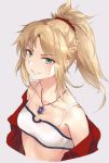  1girl bare_shoulders blonde_hair braid breasts collarbone fate/apocrypha fate_(series) green_eyes grey_background grin jacket jewelry kachi looking_at_viewer necklace ponytail saber_of_red short_hair simple_background small_breasts smile solo tank_top upper_body 