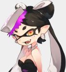  +_+ 1girl aori_(splatoon) bare_shoulders black_hair breasts cleavage domino_mask dress earrings fangs from_side hair_ornament jewelry looking_at_viewer mask medium_breasts mole mole_under_eye open_mouth orange_eyes pointy_ears sleeveless sleeveless_dress smile solo splatoon strapless strapless_dress symbol-shaped_pupils teeth tentacle_hair toridamono upper_body 