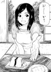  1girl :d apron artist_signature breasts commentary_request food greyscale highres looking_at_viewer medium_breasts medium_hair monochrome nikaidou_kou onigiri open_mouth original outstretched_arm outstretched_hand reaching_out seiza shirt sitting smile solo speech_bubble table wooden_floor 