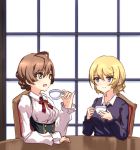  2girls ahoge bangs blonde_hair blue_eyes blue_sweater blush braid breasts buttons center_frills chair crossover cup darjeeling dress_shirt eyebrows_visible_through_hair girls_und_panzer green_eyes hexunart holding holding_cup idolmaster idolmaster_million_live! indoors jewelry light_brown_hair medium_breasts multiple_girls neck_ribbon necklace open_mouth pinky_out puffy_sleeves red_ribbon ribbon sakuramori_kaori shirt side_braid sitting smile suspenders sweater swept_bangs table teacup trait_connection window 