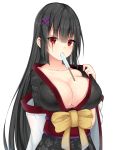  1girl black_hair blush breasts chixiao cleavage eyebrows_visible_through_hair food hair_ornament highres large_breasts long_hair looking_at_viewer original popsicle red_eyes scar solo upper_body x_hair_ornament 