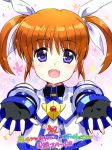  1girl :d black_gloves blush brown_hair fingerless_gloves fujima_takuya gloves hair_ribbon juliet_sleeves long_sleeves lyrical_nanoha magical_girl mahou_shoujo_lyrical_nanoha mahou_shoujo_lyrical_nanoha_the_movie_3rd:_reflection official_art open_mouth outstretched_arms puffy_sleeves ribbon shiny shiny_hair short_twintails smile solo star takamachi_nanoha twintails upper_body violet_eyes 