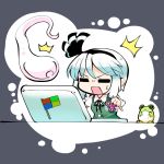  /\/\/\ 1girl =_= bangs blush collared_shirt commentary_request computer d:&lt; fidget_spinner followers frog hair_ribbon hairband kashuu_(b-q) konpaku_youmu konpaku_youmu_(ghost) laptop ribbon shirt short_hair solo square_mouth surprised sweat touhou vest white_hair 