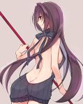 1girl ass back breasts erect_nipples fate/grand_order fate_(series) female_ass gae_bolg holding holding_weapon large_breasts long_hair looking_at_viewer looking_back meme_attire mom_29_mom no_bra no_panties purple_hair red_eyes scathach_(fate/grand_order) sideboob smile solo virgin_killer_sweater weapon