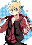  1boy blonde_hair blue_eyes hakua_shou highres hood hoodie looking_at_viewer male_focus nikame nunchaku re:creators red_shirt shirt short_hair signature sketch solo spiky_hair upper_body vest weapon 