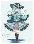  1girl :&gt; alternate_costume black_hat boots bow brown_boots chocolate_mint_ice_cream food full_body green_bow green_eyes hat hat_bow head_tilt heart heart_of_string highres ice_cream komeiji_koishi long_sleeves looking_at_viewer smile socks solo spoon standing striped striped_legwear third_eye touhou toutenkou wide_sleeves 