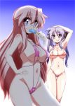  2girls :p armpits bikini black_ribbon blue_eyes blush breasts eyebrows_visible_through_hair food glasses hair_ribbon hand_on_hip hiiragi_kagami large_breasts lavender_hair long_hair looking_at_viewer lucky_star medium_breasts mizushima_(p201112) multiple_girls navel pink_bikini pink_hair popsicle red_bikini ribbon simple_background swimsuit takara_miyuki tongue tongue_out twintails violet_eyes white_background 