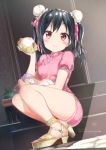  1girl baozi birthday black_hair breasts china_dress chinese_clothes dated double_bun dress eating english food happy_birthday high_heels love_live! love_live!_school_idol_project micopp red_eyes sitting small_breasts stairs twintails yazawa_nico 