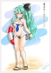  1girl adapted_costume alternate_costume alternate_hairstyle aqua_hair bikini blue_eyes breasts cleavage commentary_request full_body hair_between_eyes hair_ornament hair_ribbon hairclip highres kantai_collection lifebuoy long_hair looking_at_viewer medium_breasts ribbon ryuun_the_return sandals side-tie_bikini side_ponytail smile solo standing swimsuit translation_request yamakaze_(kantai_collection) 