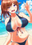  1girl :d beach bikini blue_bikini blue_sky breasts brown_hair cleavage clouds hiroshima_(oshiro_project) large_breasts long_hair looking_at_viewer navel ocean open_mouth oshiro_project_re outdoors ponytail rikosyegou shiny shiny_skin sky smile solo swimsuit teeth violet_eyes 
