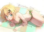  1girl akatsuki_kirika bare_shoulders beach_towel bikini blonde_hair blush breasts cleavage collarbone commentary_request green_bikini green_eyes hair_ornament looking_at_viewer lying medium_breasts nail_polish navel on_side open_mouth runawante56 senki_zesshou_symphogear shiny shiny_hair short_hair side-tie_bikini solo swimsuit text towel translation_request untied untied_bikini x_hair_ornament 