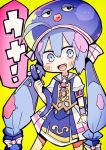  1girl ahoge animal_hat blue_hair blush_stickers dress eel eel_hat fang green_background hair_ornament hat holding long_hair looking_at_viewer low_twintails open_mouth otomachi_una sailor_collar short_sleeves simple_background smile solo tera twintails very_long_hair vocaloid 