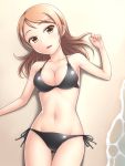  10s 1girl beach bikini black_bikini blush breasts brown_eyes brown_hair houjou_karen idolmaster idolmaster_cinderella_girls long_hair looking_at_viewer medium_breasts navel pataniito shore smile solo swimsuit 