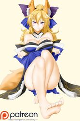  1girl ahoge alfred_cullado animal_ears bare_shoulders blonde_hair blush bow breasts cleavage cosplay crossed_arms fate/extra fate_(series) feet fox_ears hair_between_eyes highres large_breasts legs long_hair off_shoulder patreon_logo purple_bow rwby smile smirk solo tamamo_(fate)_(all) tamamo_no_mae_(fate) tamamo_no_mae_(fate)_(cosplay) tan_background thighs toes violet_eyes watermark web_address yang_xiao_long 