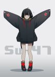 1girl absurdres bangs black_hair blunt_bangs character_name commentary_request fami_(yellow_skies) full_body gradient gradient_background grey_background highres hood hoodie long_hair personification shoes solo standing star su-47_berkut |_| 