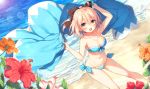  1girl :d ahoge arm_up bandeau bare_legs bare_shoulders barefoot beach bikini blue_bikini blurry blush bokeh bow breasts cleavage collarbone day depth_of_field dutch_angle eyebrows_visible_through_hair fate_(series) flower from_above front-tie_bikini front-tie_top hair_between_eyes hair_bow haori hibiscus japanese_clothes koha-ace large_breasts looking_at_viewer navel open_mouth outdoors pink_hair ponytail sakura_saber shinsengumi side-tie_bikini smile solo swimsuit toosaka_asagi 