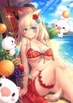  1girl animal_ears bangs beach bikini blonde_hair blue_sky breasts cleavage closed_mouth clouds cloudy_sky crazy_straw day drinking_straw eyebrows_visible_through_hair fang final_fantasy final_fantasy_xiv food front-tie_bikini front-tie_top fruit grapes hair_between_eyes heart highres knee_up large_breasts leg_garter light_rays looking_at_viewer miqo&#039;te ocean red_bikini sarong sitting sky smile solo sunbeam sunlight swimsuit tail tiphereth tropical_drink 